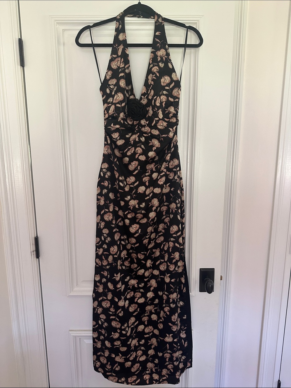 Vici Halter Black Maxi Dress with Beige Floral Print